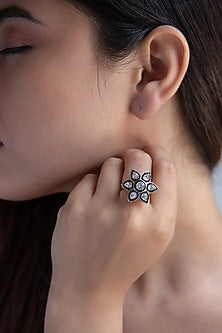 Rhodium Finish Faux Diamond Floral Ring