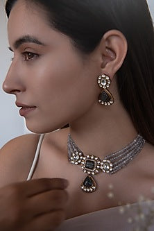 Gold Plated Natural Stone & Kundan Polki Necklace Set