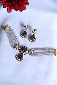 Gold Plated Natural Stone & Kundan Polki Necklace Set