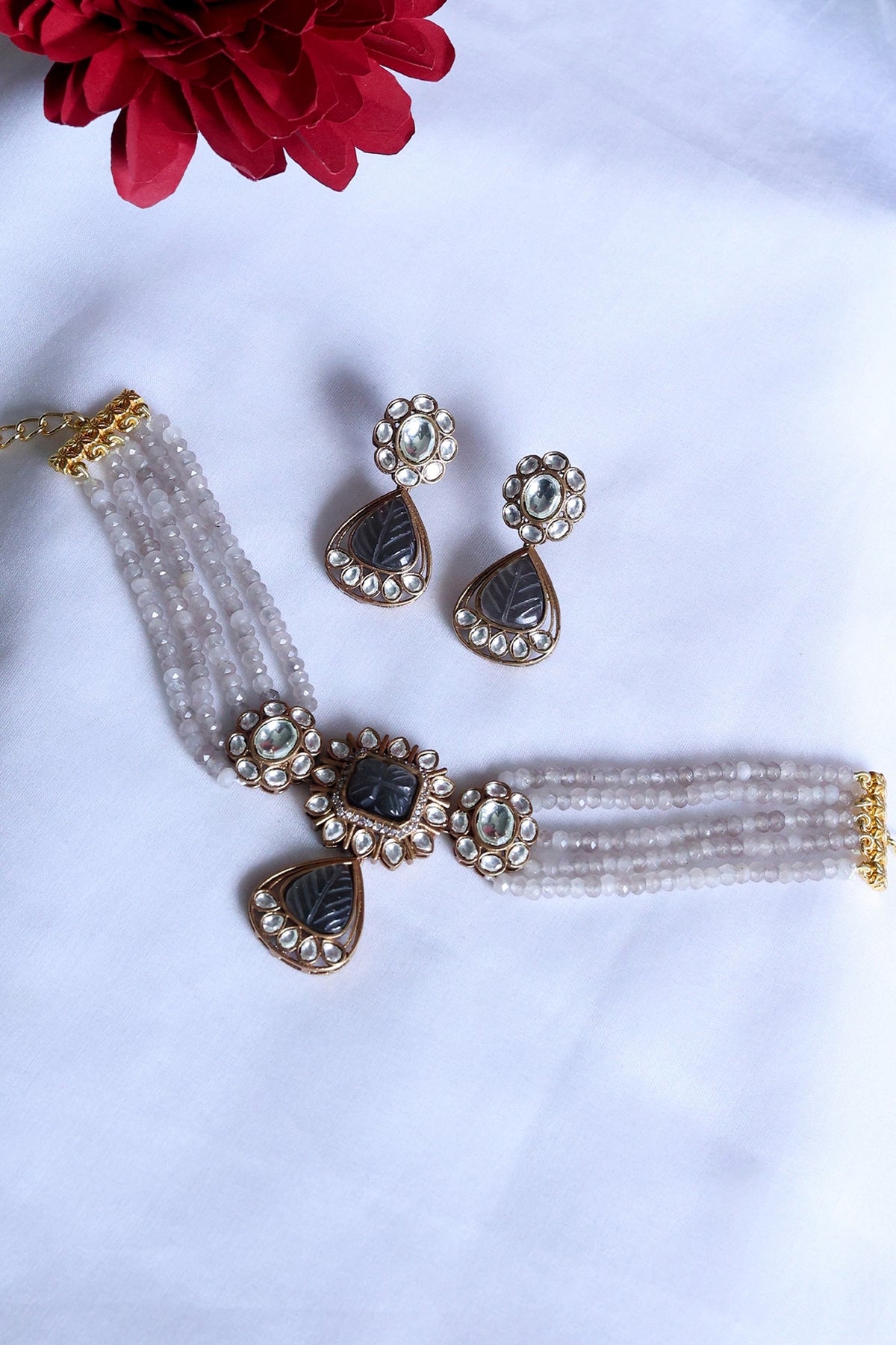 Gold Plated Natural Stone & Kundan Polki Necklace Set