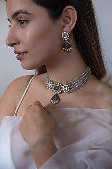 Gold Plated Natural Stone & Kundan Polki Necklace Set