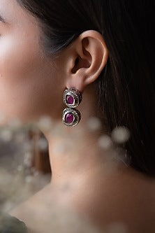 Rhodium Finish Cubic Zirconia & Kundan Polki Enamelled Dangler Earrings