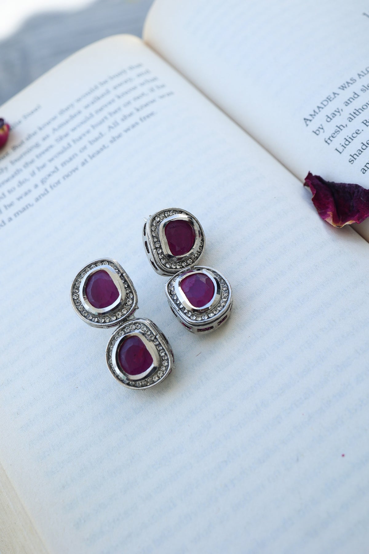 Rhodium Finish Cubic Zirconia & Kundan Polki Enamelled Dangler Earrings