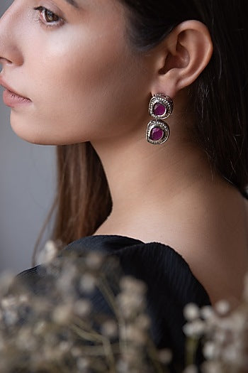 Rhodium Finish Cubic Zirconia & Kundan Polki Enamelled Dangler Earrings