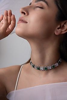 Rhodium Finish Glass Crystal & Zirconia Choker Necklace