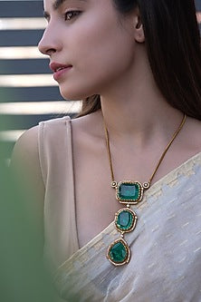 Two-Tone Finish Zircon & Green Swarovski Stone Necklace