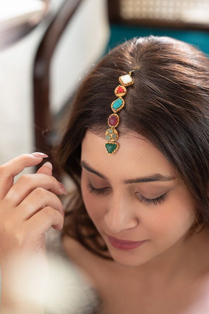 Gold Plated Multi-Colored Semi-Precious Stone Maangtikka