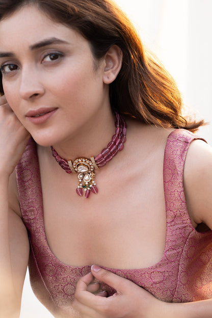 Gold Plated Pink Kundan Polki & Natural Stone Necklace