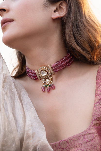 Gold Plated Pink Kundan Polki & Natural Stone Necklace
