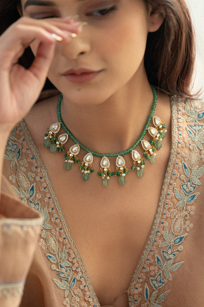 Gold Plated Mint Kundan Polki & Pearl Necklace