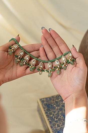 Gold Plated Mint Kundan Polki & Pearl Necklace