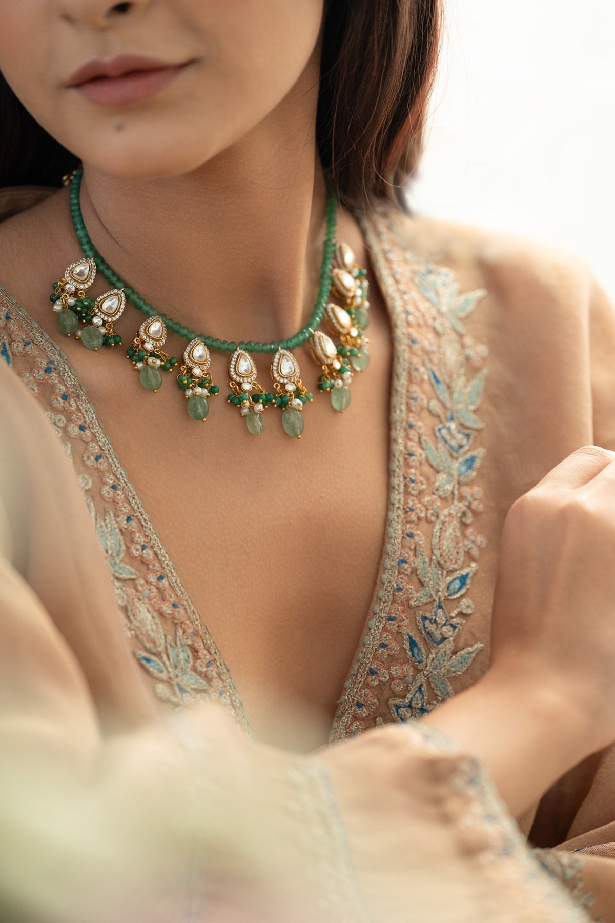 Gold Plated Mint Kundan Polki & Pearl Necklace