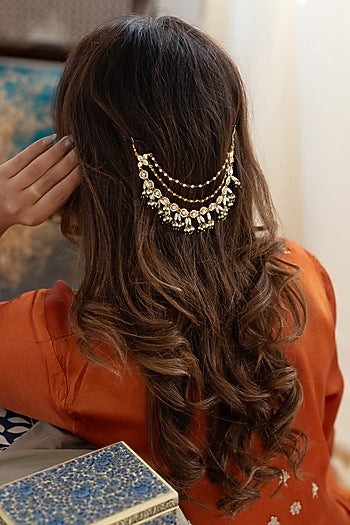 Gold Plated Kundan Polki & Green Hydro Stone Braid Pin
