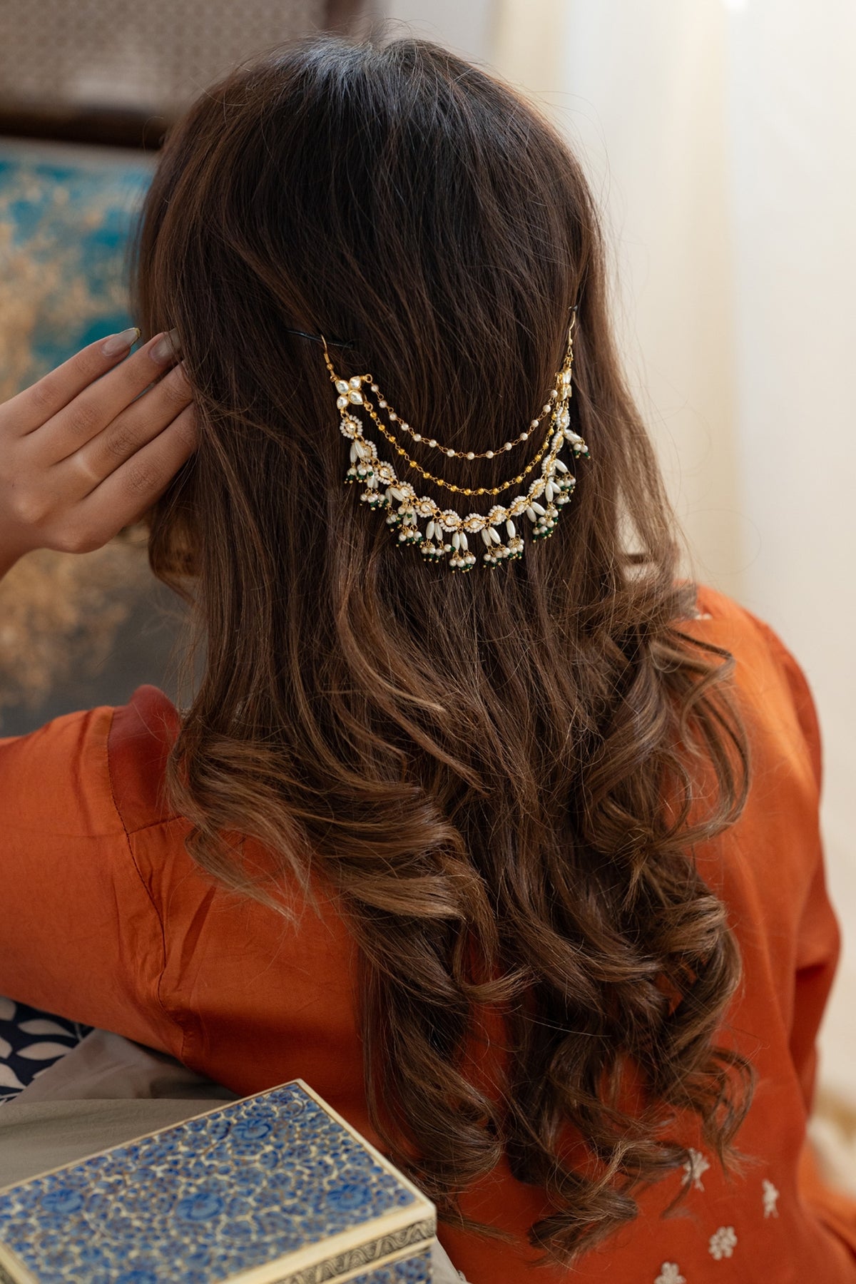 Gold Plated Kundan Polki & Green Hydro Stone Braid Pin