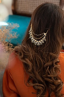 Gold Plated Kundan Polki & Green Hydro Stone Braid Pin