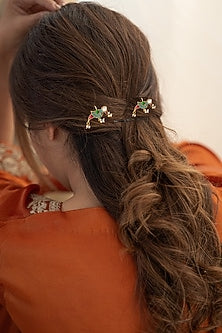 Gold Plated Multi-Colored Kundan Polki & Pearl Braid Pins (Set Of 2)