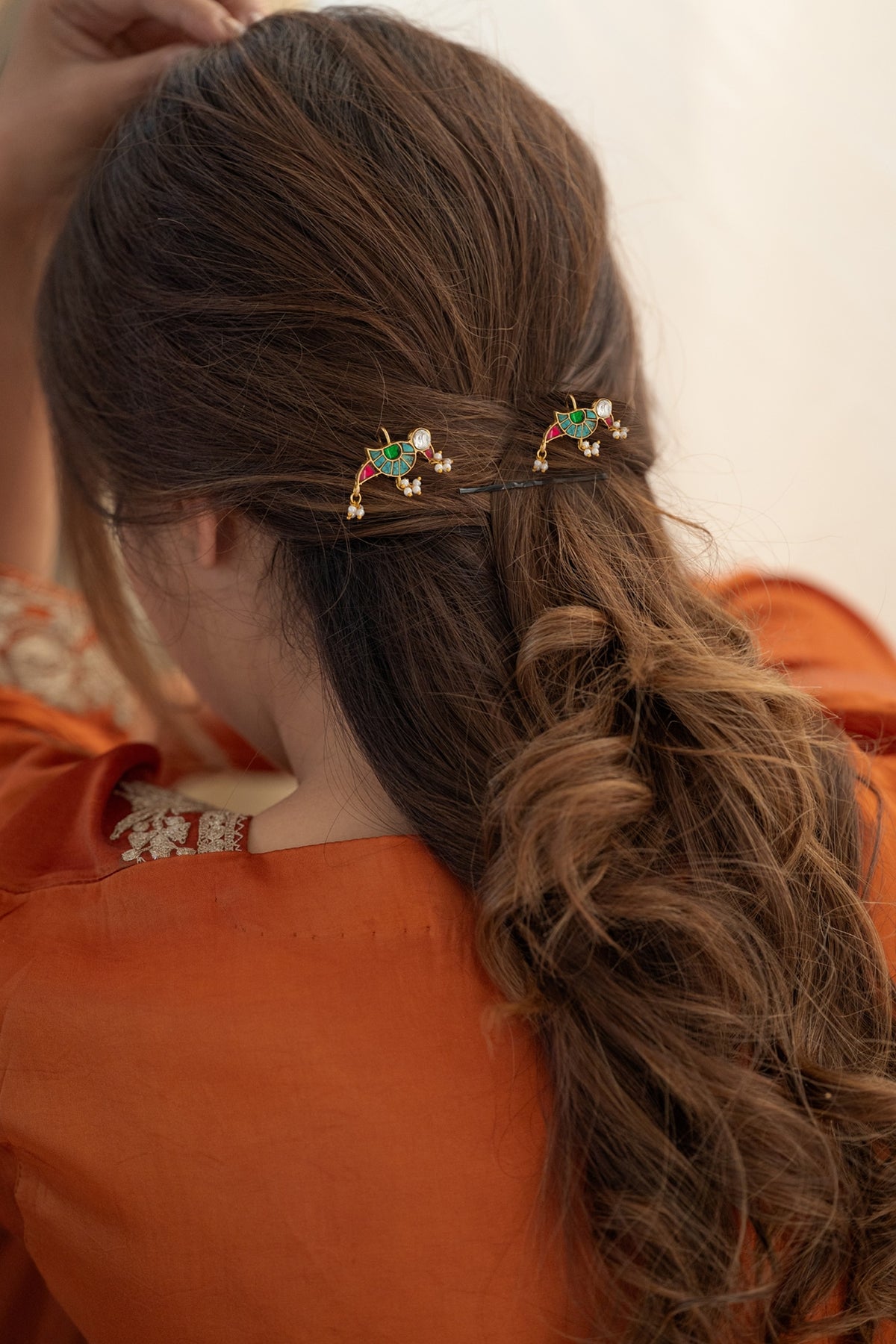 Gold Plated Multi-Colored Kundan Polki & Pearl Braid Pins (Set Of 2)