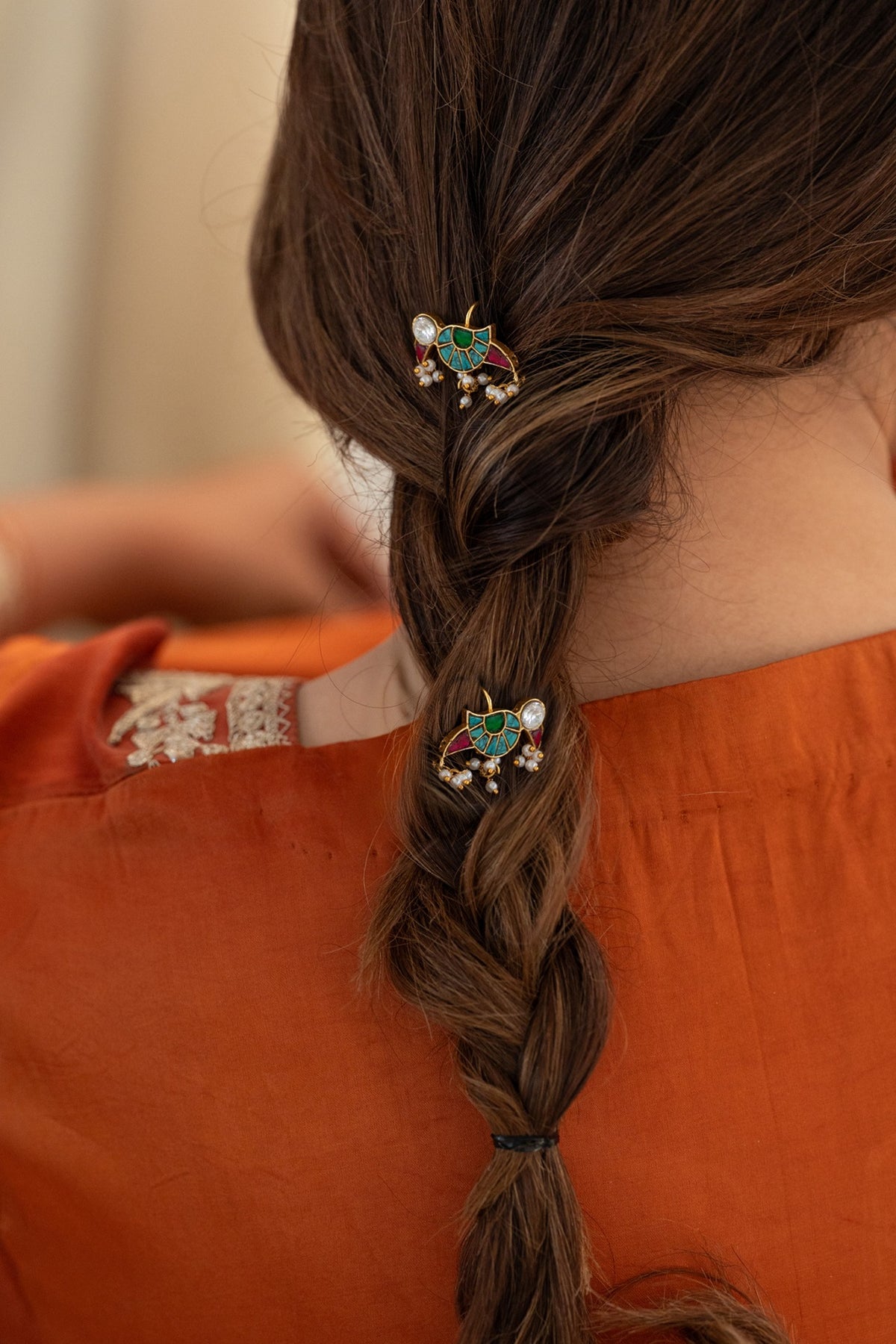 Gold Plated Multi-Colored Kundan Polki & Pearl Braid Pins (Set Of 2)