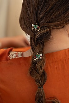 Gold Plated Multi-Colored Kundan Polki & Pearl Braid Pins (Set Of 2)