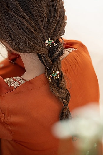 Gold Plated Multi-Colored Kundan Polki & Pearl Braid Pins (Set Of 2)