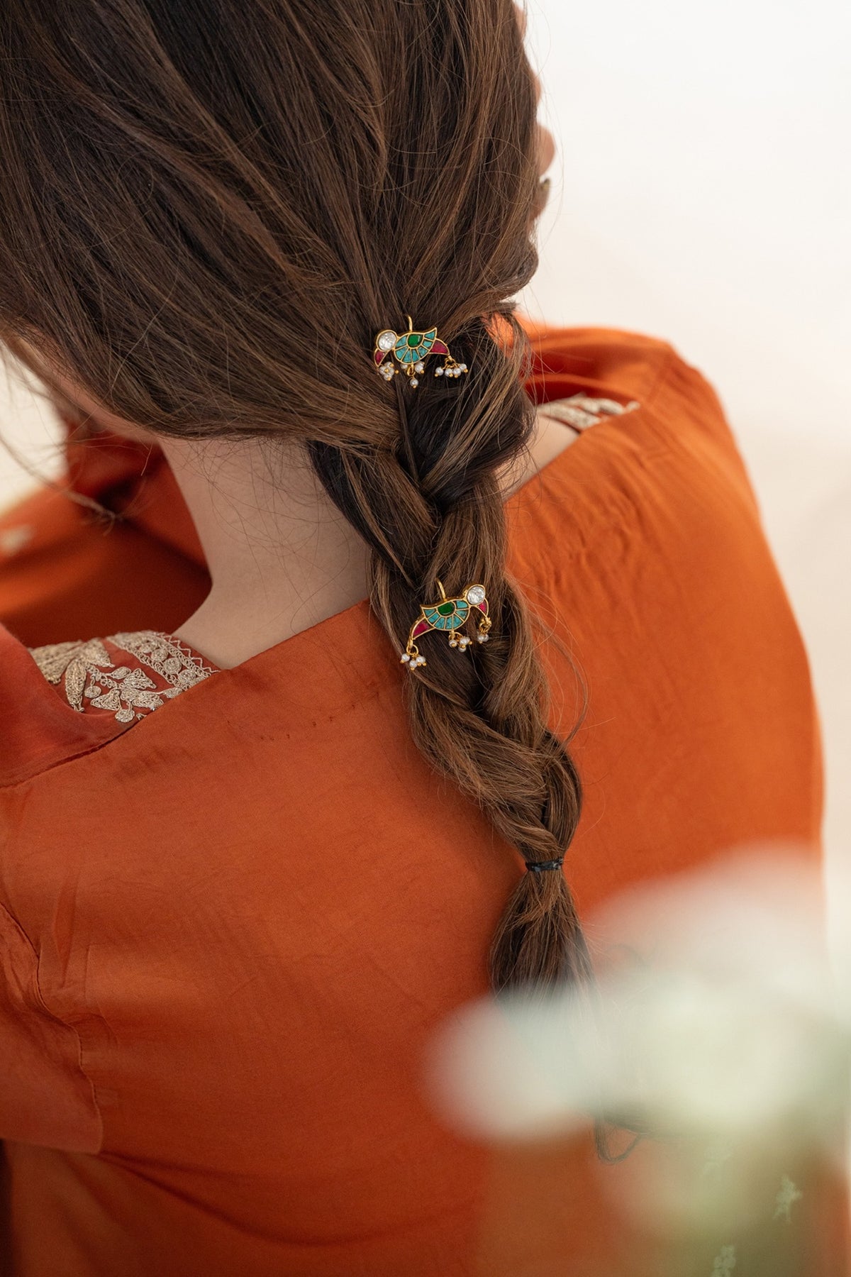 Gold Plated Multi-Colored Kundan Polki & Pearl Braid Pins (Set Of 2)