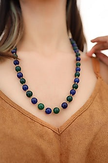 Gold Finish Blue Beaded Necklace