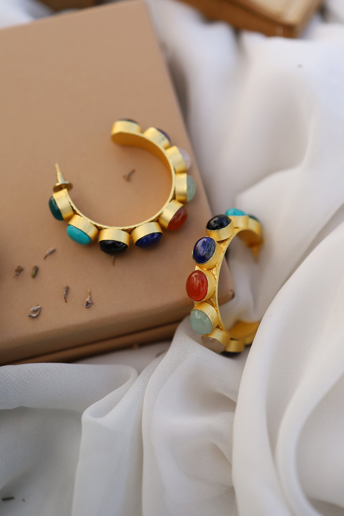 Gold Finish Natural Stone Hoop Earrings