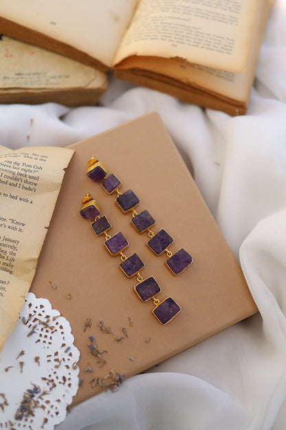 Gold Finish Purple Natural Stone Dangler Earrings