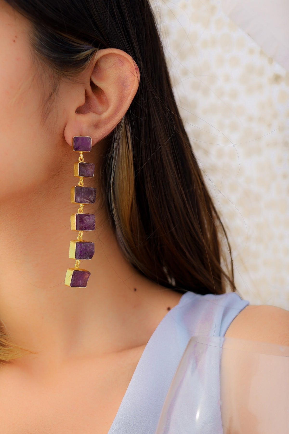 Gold Finish Purple Natural Stone Dangler Earrings