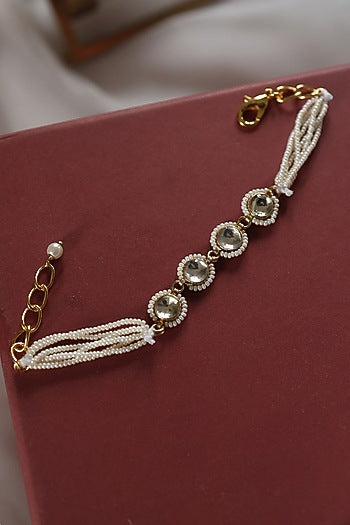 Gold Plated Pearl & Kundan Polki Adjustable Bracelet