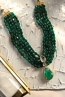 Gold Plated Kundan Polki & Emerald Green Stone Necklace