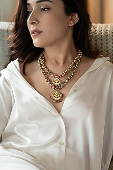 Gold Plated Floral Kundan Polki & Multi-Colored Onyx Layered Necklace