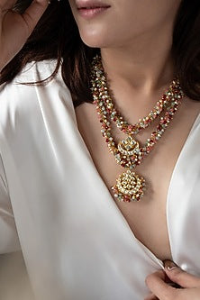 Gold Plated Floral Kundan Polki & Multi-Colored Onyx Layered Necklace