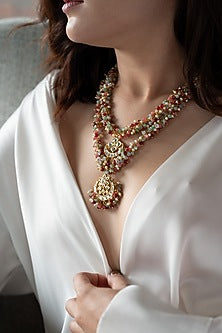 Gold Plated Floral Kundan Polki & Multi-Colored Onyx Layered Necklace