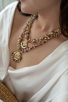 Gold Plated Floral Kundan Polki & Multi-Colored Onyx Layered Necklace