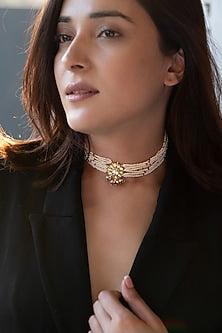 Gold Plated Pearl & Pink Onyx Choker Necklace