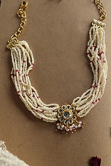 Gold Plated Pearl & Pink Onyx Choker Necklace