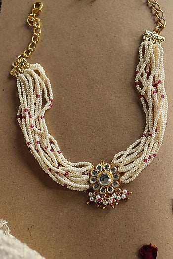 Gold Plated Pearl & Pink Onyx Choker Necklace