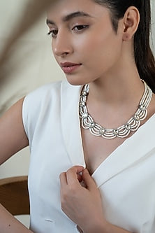 White Rhodium Finish Pearl & Cubic Zirconia Necklace