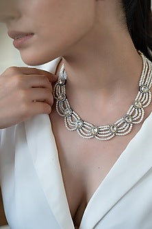 White Rhodium Finish Pearl & Cubic Zirconia Necklace