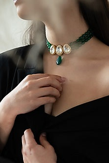 Gold Plated Kundan Polki & Jade Green Stone Choker Necklace