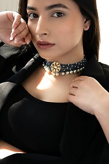 Gold Plated Floral Kundan Polki & Blue Onyx Choker Necklace