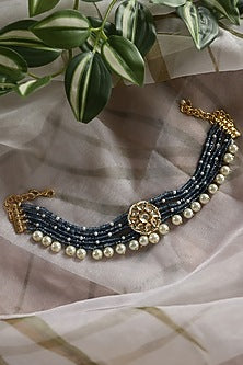 Gold Plated Floral Kundan Polki & Blue Onyx Choker Necklace