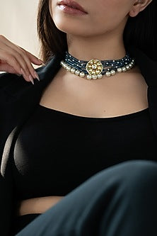 Gold Plated Floral Kundan Polki & Blue Onyx Choker Necklace