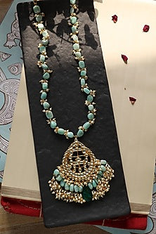Gold Plated Floral Kundan Polki & Larimar Turquoise Stone Necklace