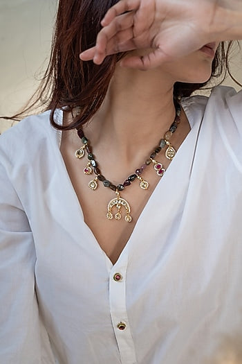 Gold Plated Pearl & Tourmaline Stone Necklace