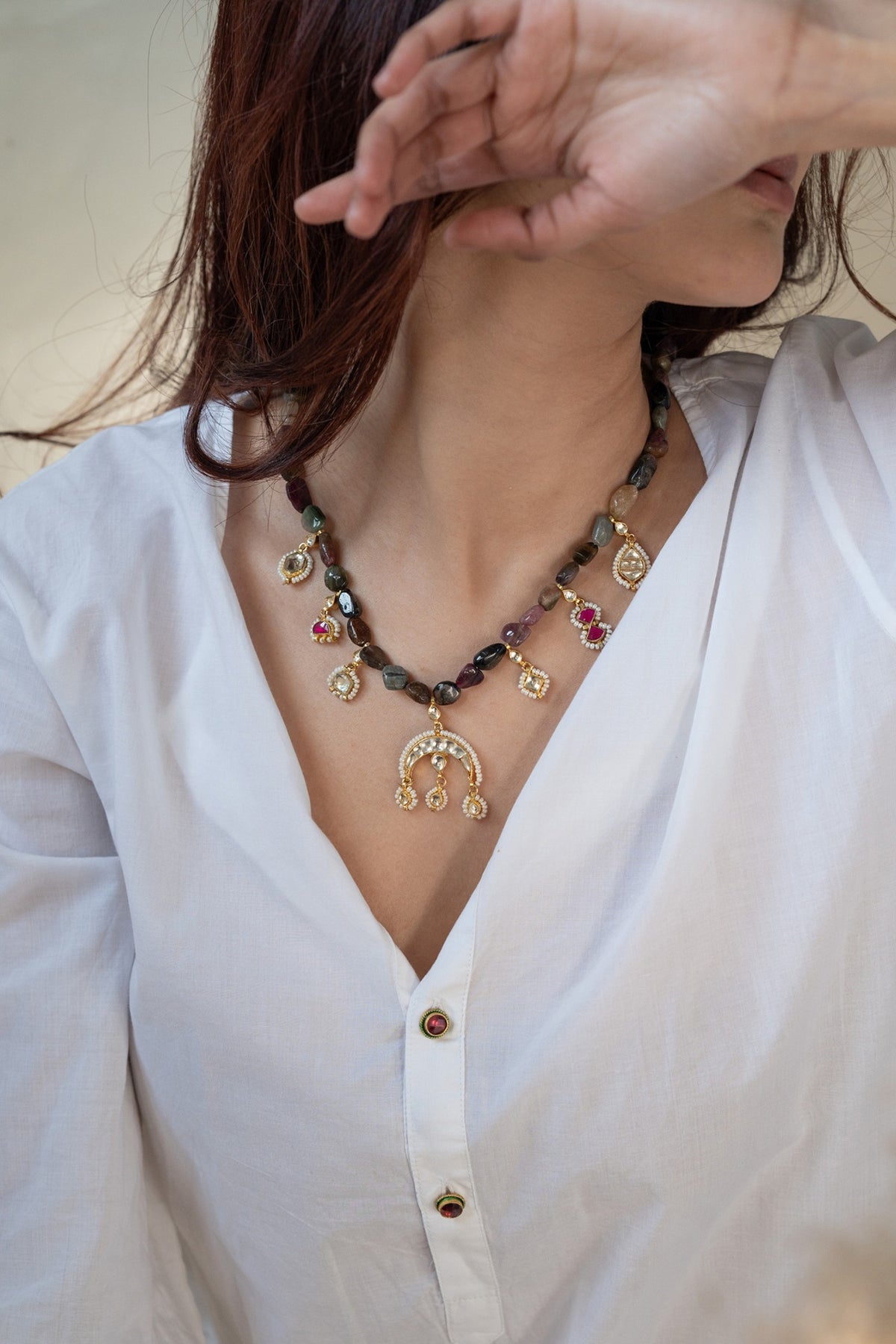 Gold Plated Pearl & Tourmaline Stone Necklace