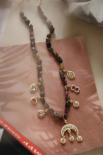 Gold Plated Pearl & Tourmaline Stone Necklace