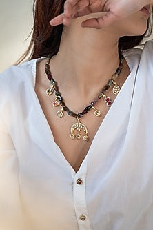 Gold Plated Pearl & Tourmaline Stone Necklace