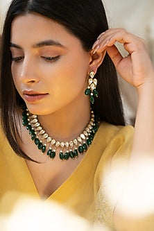 Two-Tone Finish Pearl & Jade Green Stone Necklace Set